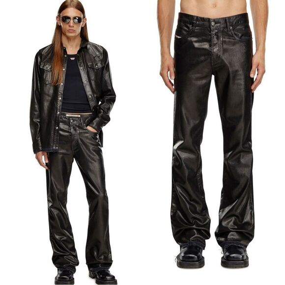 Vintage Diesel  Leather Black Pants Chinos Wide Leg Size 27 - Picture 1 of 11